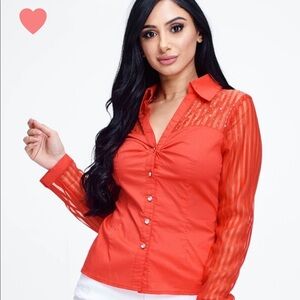 Red Rhinestone Long Sleeve Sheer Button Up